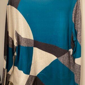 Teal blue, black & grey geometric design top